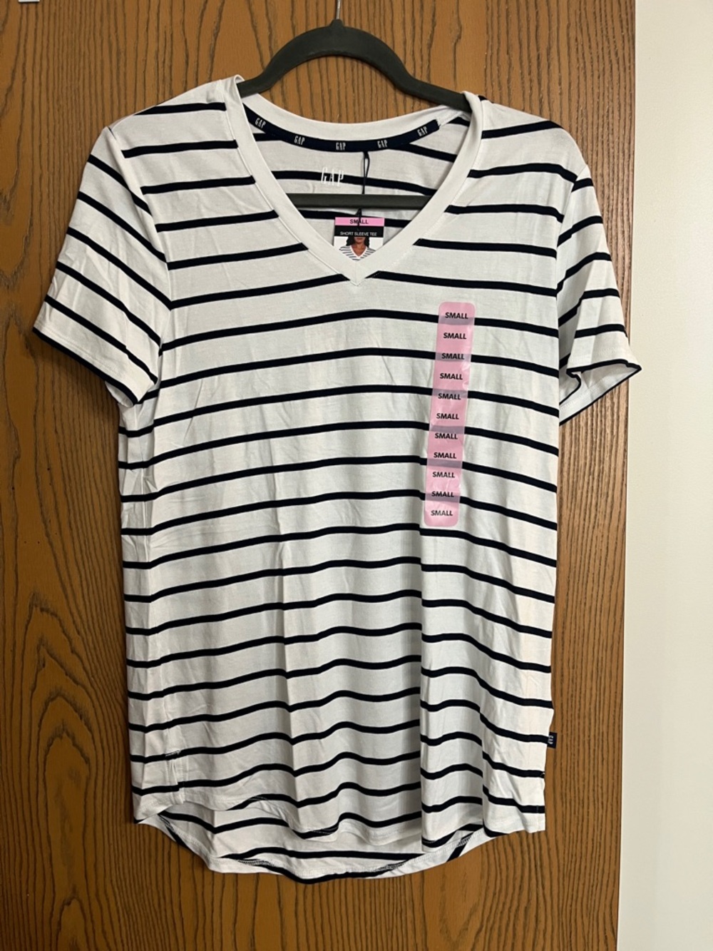 GAP White and Black Striped V-Neck Tee